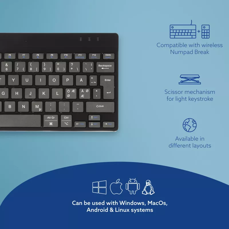 Tastiera ergonomica R-Go Tools R-Go Compact Break, tastiera compatta con software Break, QWERTY (NORDIC), Bluetooth, nero