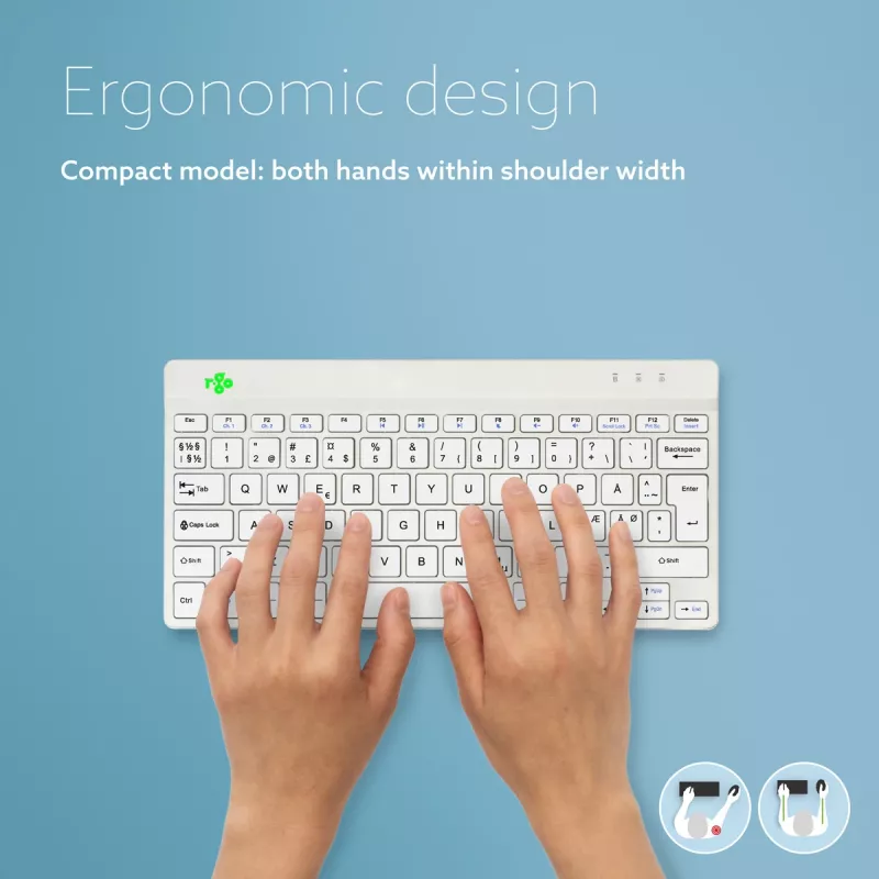 Tastiera ergonomica R-Go Tools R-Go Compact Break, tastiera compatta con software per pause, QWERTY (NORDIC), Bluetooth, bianco