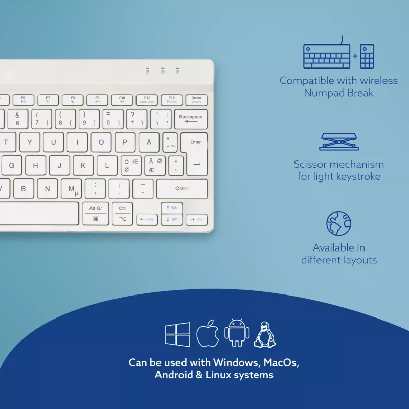 Tastiera ergonomica R-Go Tools R-Go Compact Break, tastiera compatta con software per pause, QWERTY (NORDIC), Bluetooth, bianco
