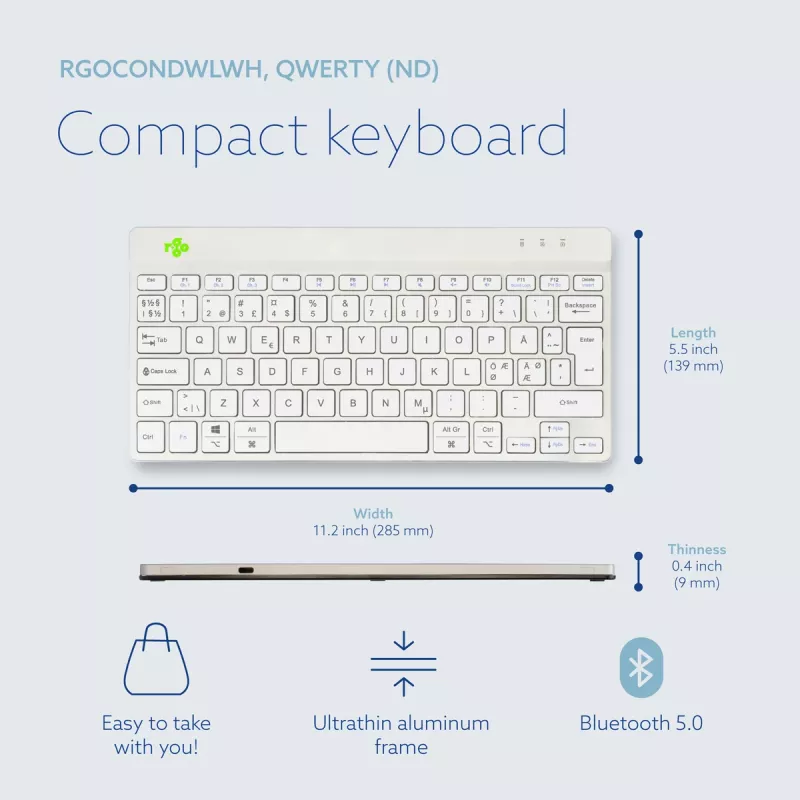Tastiera ergonomica R-Go Tools R-Go Compact Break, tastiera compatta con software per pause, QWERTY (NORDIC), Bluetooth, bianco