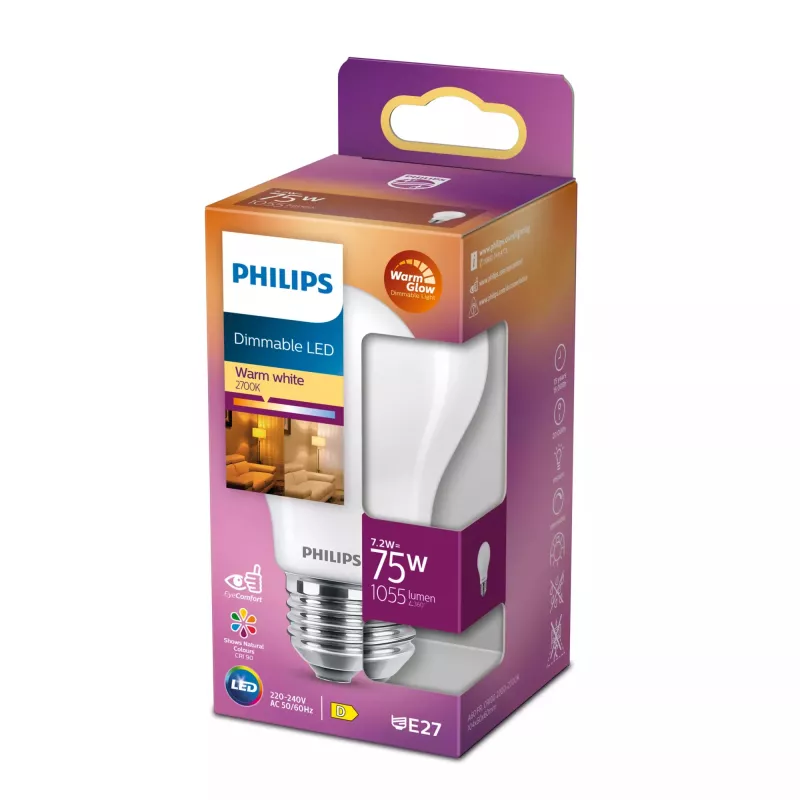 Lampadina Filament Philips opaca 75 W A60 E27, 7,2 W, 75 W, E27, 1055 lm, 15000 h, Warm Glow