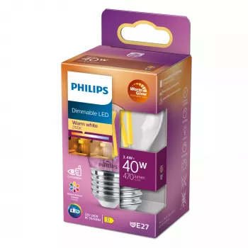 Lampadina LED filamento candela Philips Filament Candle Clear 3,4 W (470 lm) P45 E27, Warm Glow, CRI 90