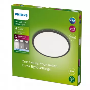 Plafoniera Philips Superslim 15W LED, 4000K, IP54, 250×250 mm, nero/bianco