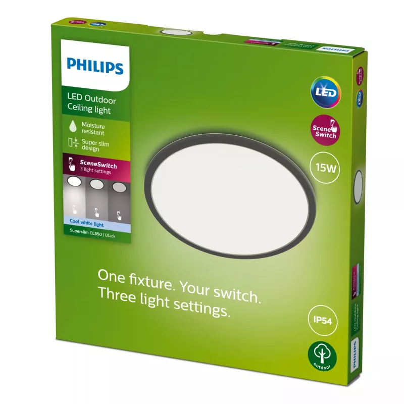 Plafoniera Philips Superslim 15W LED, 4000K, IP54, 250×250 mm, nero/bianco