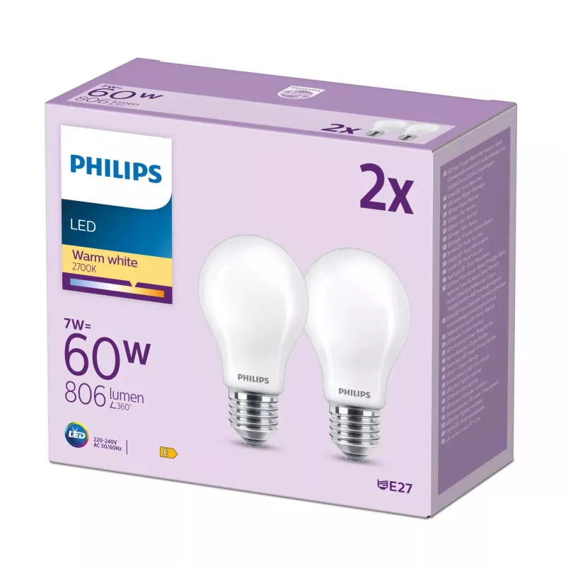 Philips Filament Bulb Opal 60W A60 E27 confezione da 2, 7 W, 60 W, E27, 806 lm, 15000 h, bianco caldo