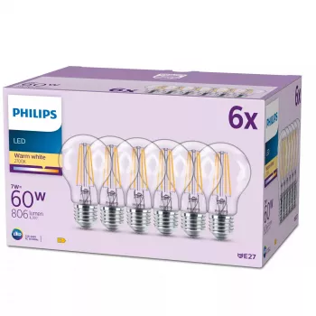 Philips Filament Bulb Frosted 60W A60 E27 x6, 7 W, 60 W, E27, 806 lm, 15000 h, bianco caldo