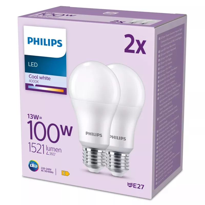 Philips Bulb 100W A67 E27 x2, 13 W, 100 W, E27, 1521 lm, 15000 h, bianco freddo