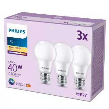Philips Bulb 40W A60 E27 x3, 4,9 W, 40 W, E27, 470 lm, 15000 h, bianco caldo