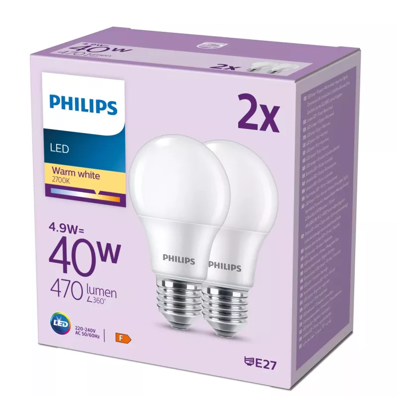 Philips Bulb 40W A60 E27 x2, 4,9 W, 40 W, E27, 470 lm, 15000 h, bianco caldo