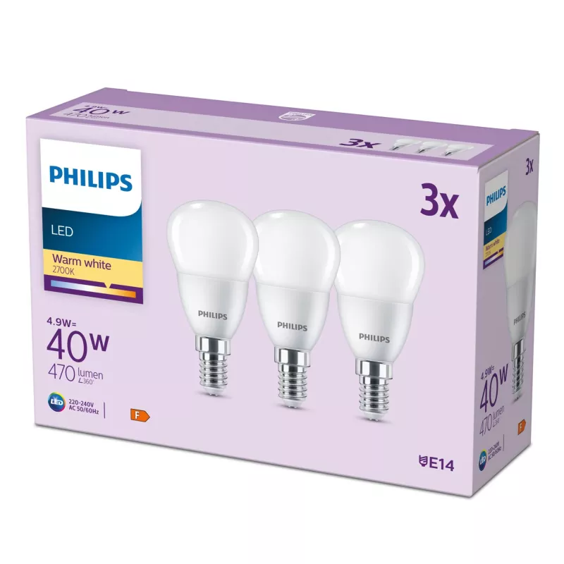 Philips Candle 40W P45 E14 x3, 4,9 W, 40 W, E14, 470 lm, 15000 h, bianco caldo