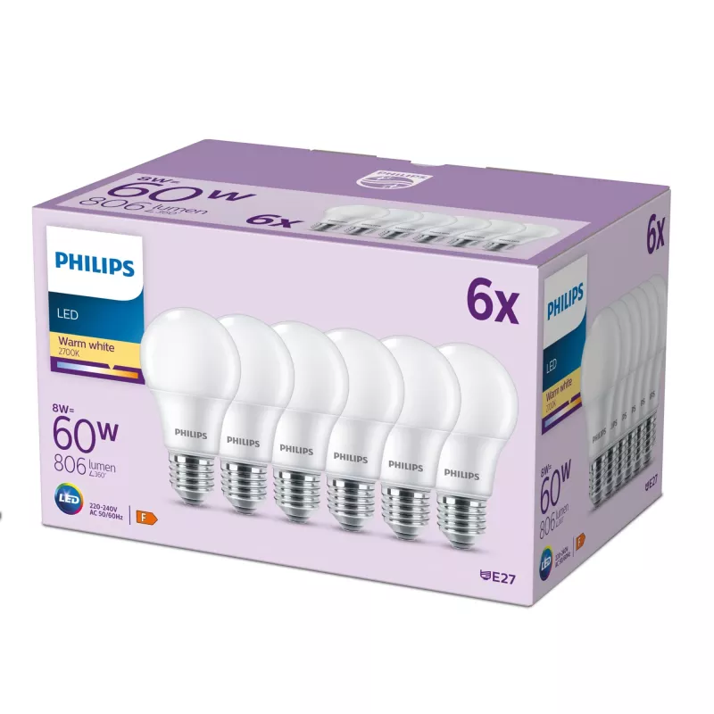 Philips Bulb 60W A60 E27 x6, 8 W, 60 W, E27, 806 lm, 15000 h, bianco caldo