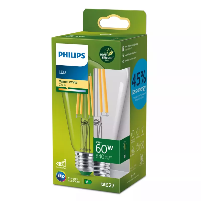 Philips Filament lampadina trasparente 60 W ST64 E27, 4 W, 60 W, E27, 840 lm, 50000 h, bianco caldo