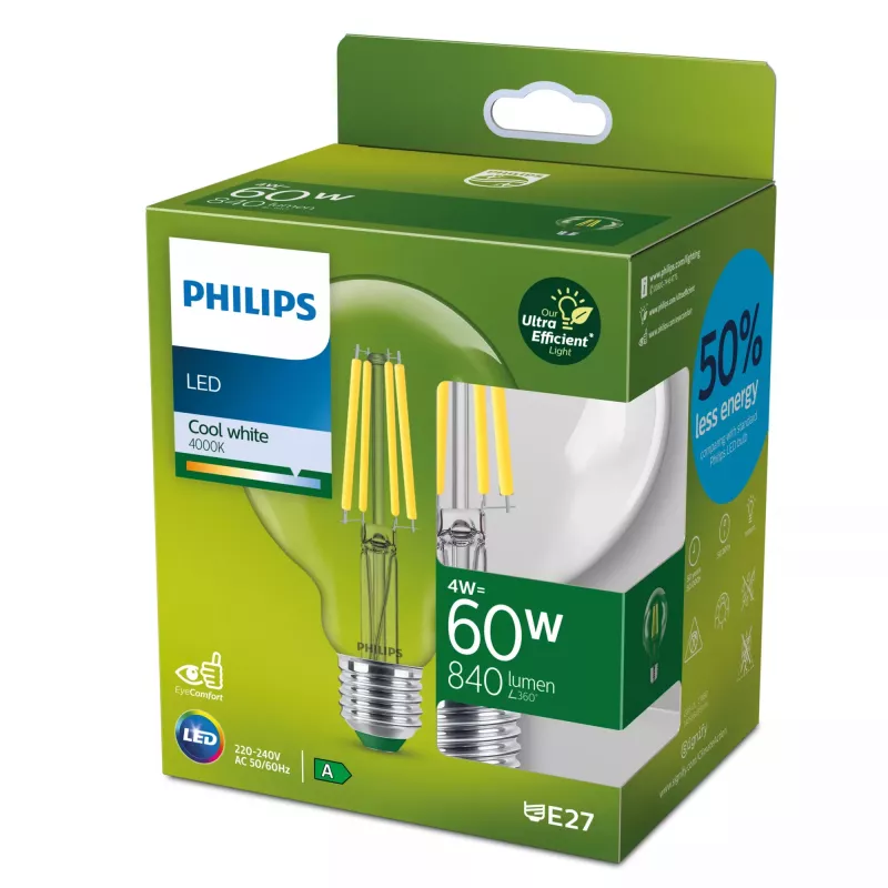 Philips Filament Bulb Clear 60W G95 E27, 4 W, 60 W, E27, 840 lm, 50000 h, bianco freddo