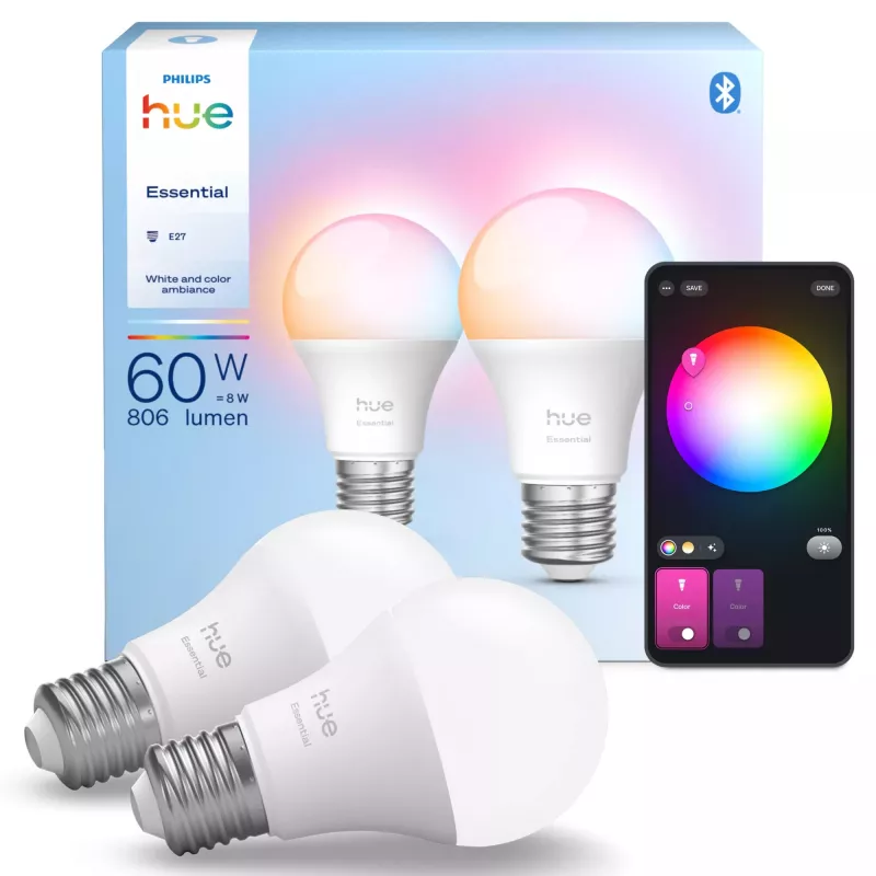 Philips Hue White and colour ambience Essential A60 – E27 lampadina smart – 806 lm – 8W – confezione da 2