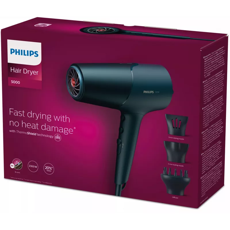Philips 5000 series BHD512/20 Asciugacapelli, blu, anello appendiabiti, 2300 W, 220-240 V