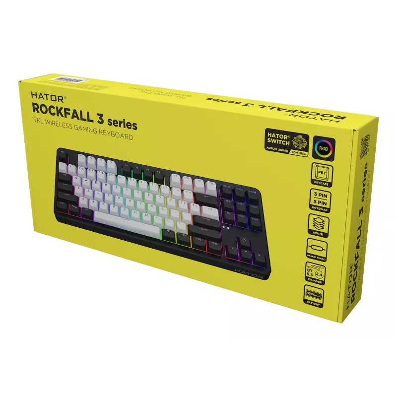 Tastiera HATOR Rockfall 3 TKL Wireless, nero, QMK/VIA, profilo OMA tasti bianco-nero - switch meccanici lineari hotswap - US - layout ANSI (HTK850)
