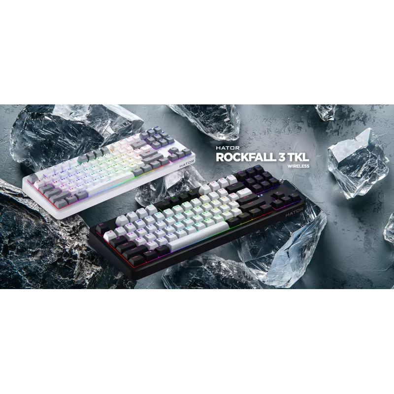 Tastiera HATOR Rockfall 3 TKL Wireless, nero, QMK/VIA, profilo OMA tasti bianco-nero - switch meccanici lineari hotswap - US - layout ANSI (HTK850)