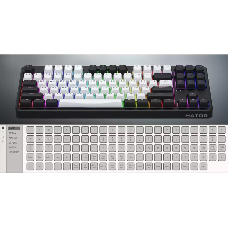 Tastiera HATOR Rockfall 3 TKL Wireless, nero, QMK/VIA, profilo OMA tasti bianco-nero - switch meccanici lineari hotswap - US - layout ANSI (HTK850)