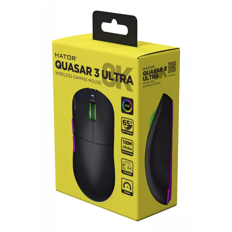 Mouse HATOR Quasar 3 Ultra 8K Wireless Gaming ambidestro RF Wireless + Bluetooth + USB Type-A ottico 30000 DPI