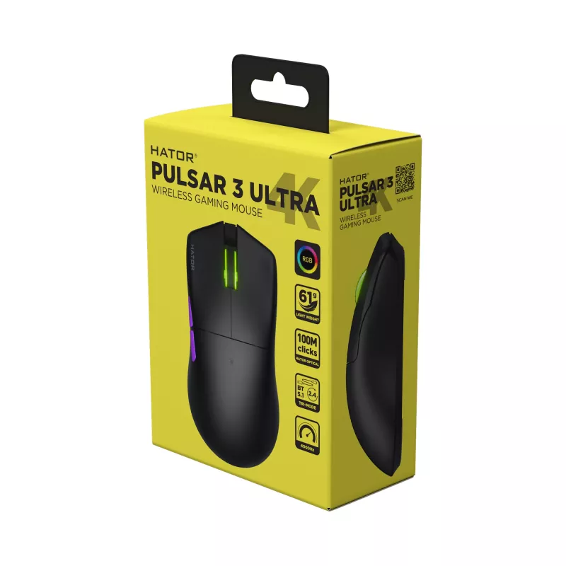 Mouse HATOR Pulsar 3 ULTRA 4K Wireless Gaming per destrorsi RF Wireless + Bluetooth + USB Type-A ottico 30000 DPI