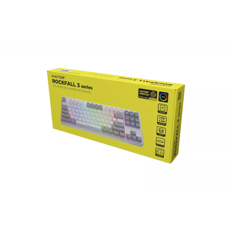 Tastiera HATOR Rockfall 3 TKL Wireless, bianco, QMK/VIA, profilo OMA tasti bianco-nero – switch meccanici lineari hotswap – US – layout ANSI