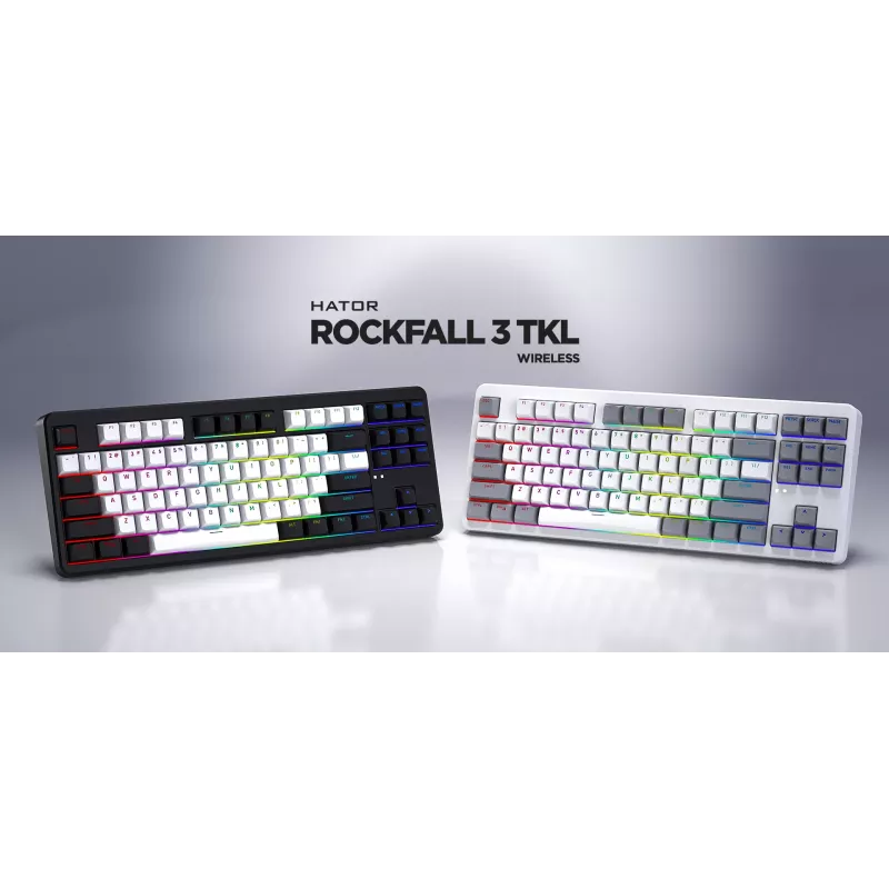 Tastiera HATOR Rockfall 3 TKL Wireless, bianco, QMK/VIA, profilo OMA tasti bianco-nero – switch meccanici lineari hotswap – US – layout ANSI