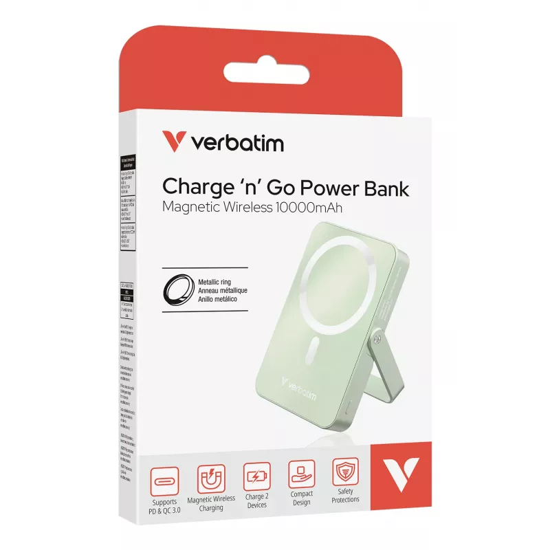 Verbatim Charge 'n' Go powerbank wireless magnetica con supporto – 10000 mAh verde