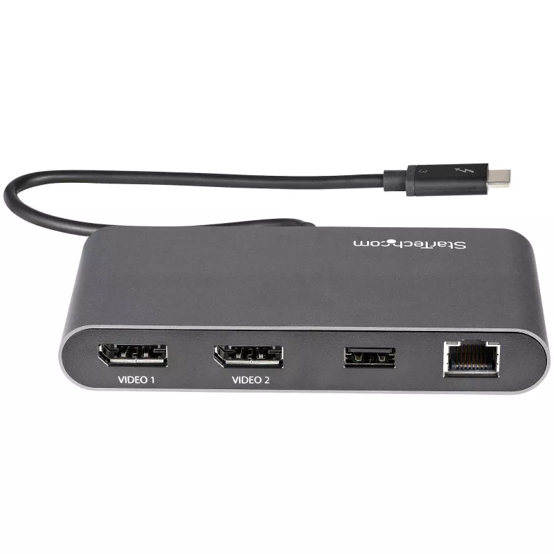 Dock Mini Thunderbolt per doppio monitor StarTech.com, DisplayPort 4K 60Hz, hub senza driver per Windows e Mac, Gigabit Ethernet, 1x USB-A (USB 5Gbps), cavo da 11