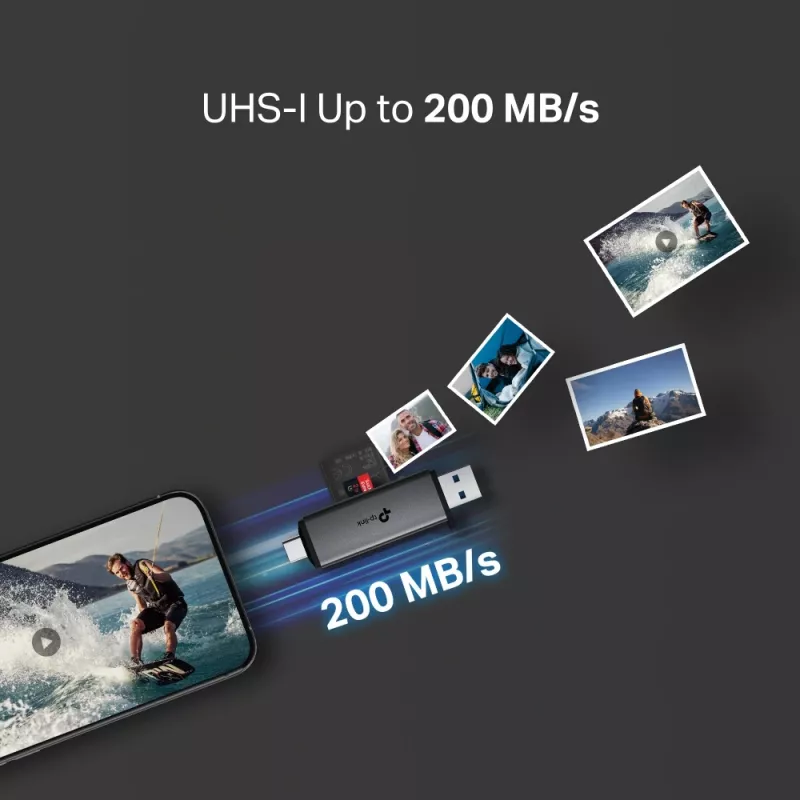 Lettore di schede TP‑LINK UA430D USB 3.1 — supporto MicroSD/SD, 200 Mbit/s, nero, 75×22,9×9,3 mm