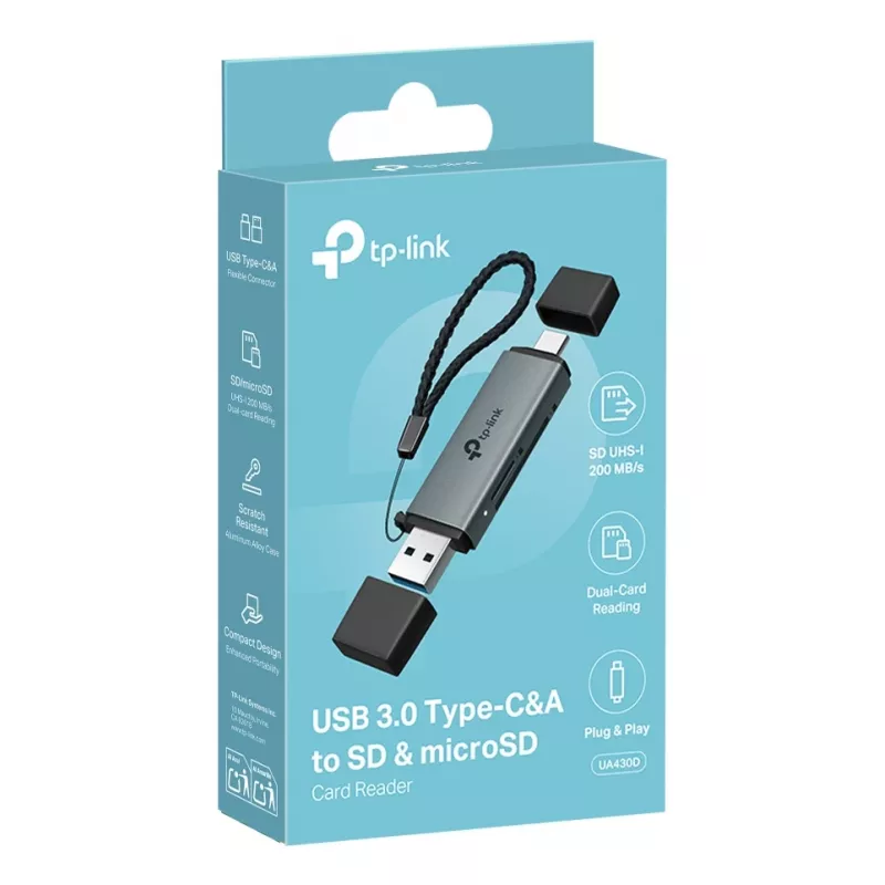 Lettore di schede TP‑LINK UA430D USB 3.1 — supporto MicroSD/SD, 200 Mbit/s, nero, 75×22,9×9,3 mm