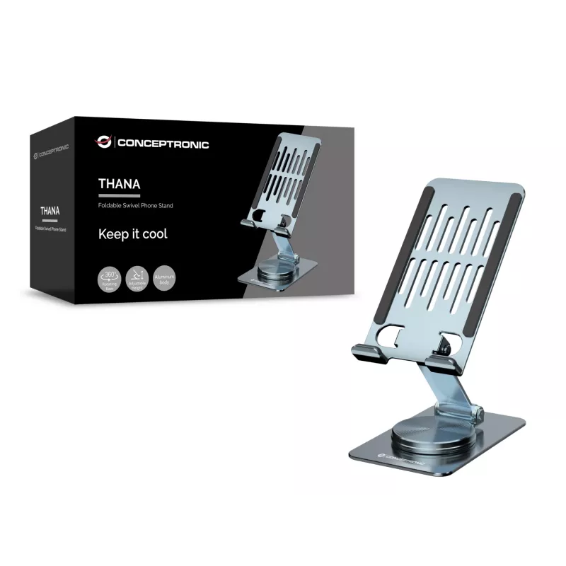 Supporto pieghevole orientabile per telefono CONCEPTRONIC THANA08G, base girevole a 360°, regolabile in altezza, argento