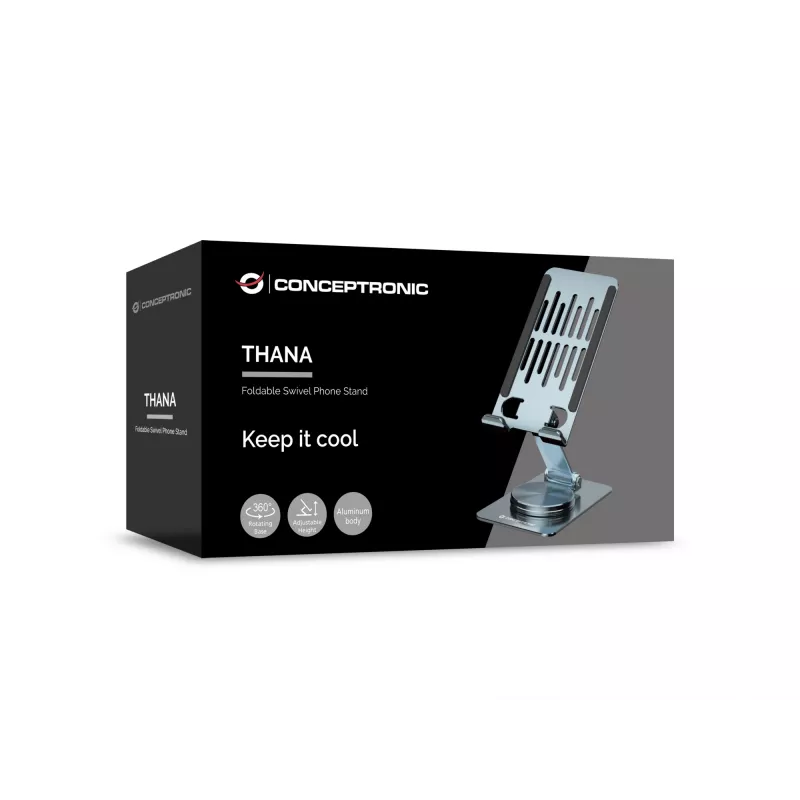 Supporto pieghevole orientabile per telefono CONCEPTRONIC THANA08G, base girevole a 360°, regolabile in altezza, argento