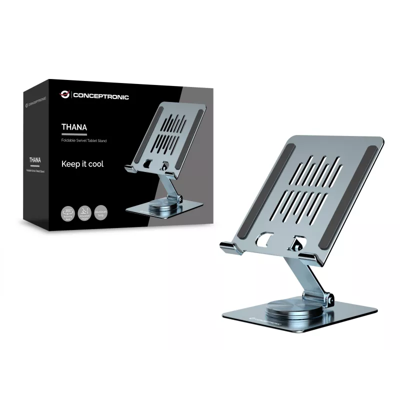 Supporto multimediale per tablet CONCEPTRONIC THANA09G — supporto pieghevole orientabile, base girevole a 360°, regolabile in altezza, grigio, 150×110×40 mm