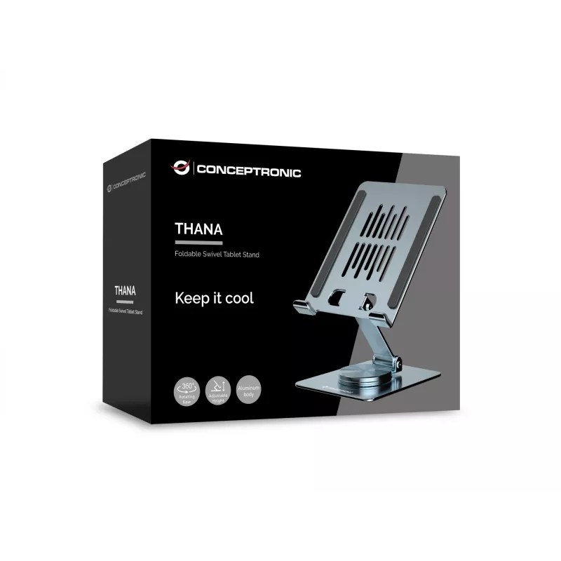 Supporto multimediale per tablet CONCEPTRONIC THANA09G — supporto pieghevole orientabile, base girevole a 360°, regolabile in altezza, grigio, 150×110×40 mm
