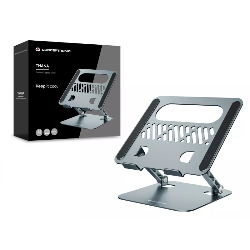 Supporto per laptop CONCEPTRONIC THANA10G — pieghevole in alluminio, regolabile in altezza, grigio, 240×220×50 mm