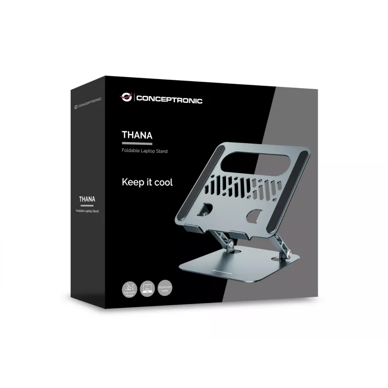 Supporto per laptop CONCEPTRONIC THANA10G — pieghevole in alluminio, regolabile in altezza, grigio, 240×220×50 mm