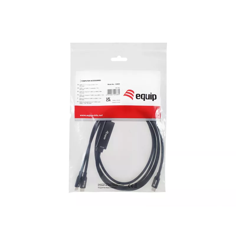 Cavo di ricarica a Y USB-C a 2x USB-C EQUIP 1,5 m PD 140 W, USB 2.0, nero