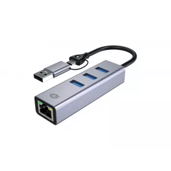 Adattatore di rete USB-C a Gigabit con hub USB a 3 porte CONCEPTRONIC ABBY25G — USB 3.2 Gen 1, Ethernet 1 Gbit/s, 3x USB-A, alluminio, grigio