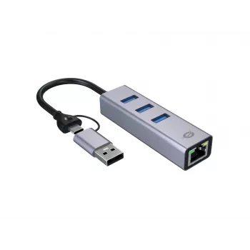 Adattatore di rete USB-C a Gigabit con hub USB a 3 porte CONCEPTRONIC ABBY25G — USB 3.2 Gen 1, Ethernet 1 Gbit/s, 3x USB-A, alluminio, grigio