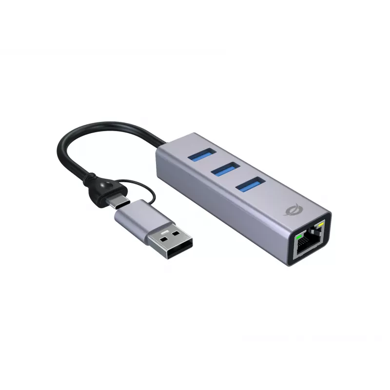 Adattatore di rete USB-C a Gigabit con hub USB a 3 porte CONCEPTRONIC ABBY25G — USB 3.2 Gen 1, Ethernet 1 Gbit/s, 3x USB-A, alluminio, grigio