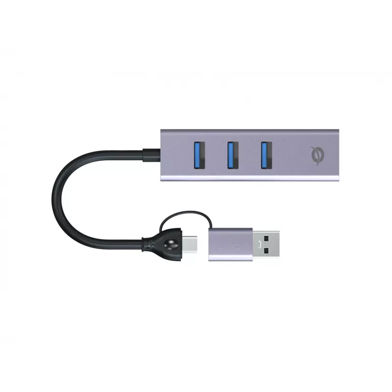 Adattatore di rete USB-C a Gigabit con hub USB a 3 porte CONCEPTRONIC ABBY25G — USB 3.2 Gen 1, Ethernet 1 Gbit/s, 3x USB-A, alluminio, grigio