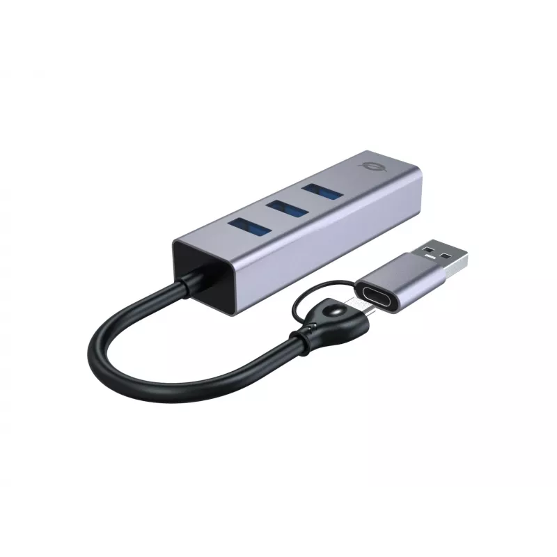 Adattatore di rete USB-C a Gigabit con hub USB a 3 porte CONCEPTRONIC ABBY25G — USB 3.2 Gen 1, Ethernet 1 Gbit/s, 3x USB-A, alluminio, grigio
