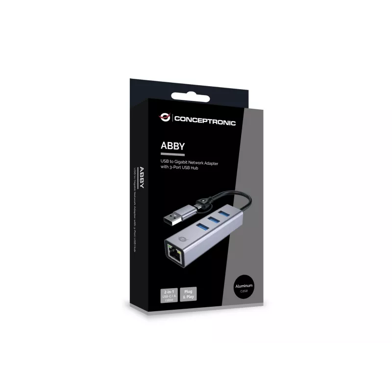 Adattatore di rete USB-C a Gigabit con hub USB a 3 porte CONCEPTRONIC ABBY25G — USB 3.2 Gen 1, Ethernet 1 Gbit/s, 3x USB-A, alluminio, grigio