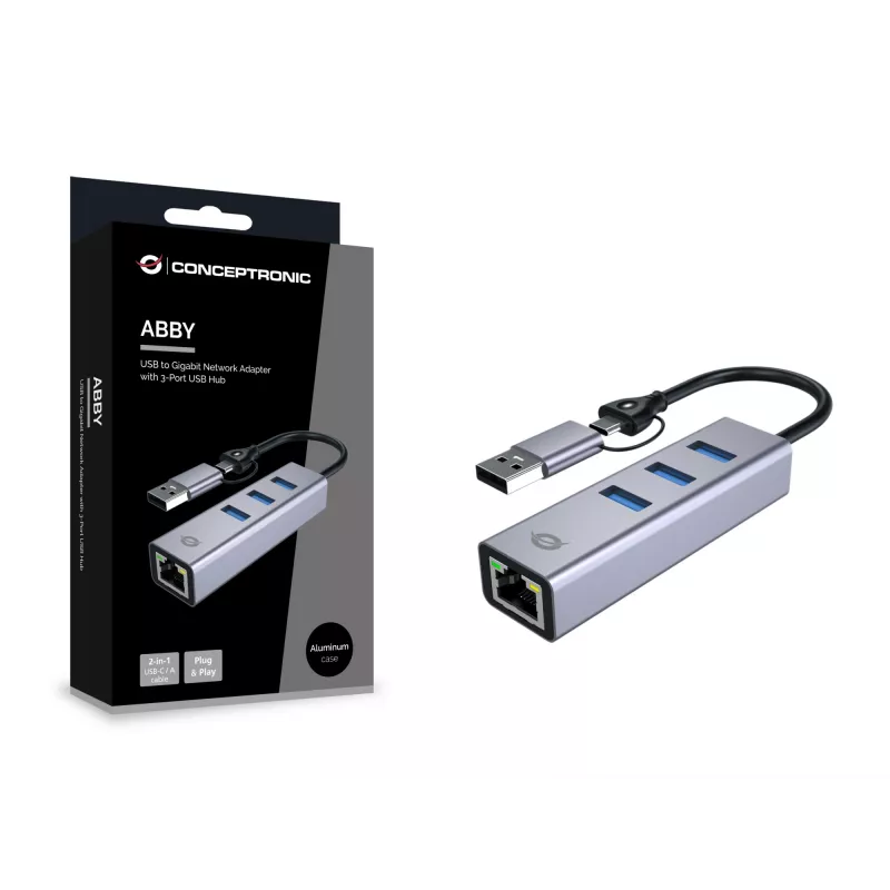 Adattatore di rete USB-C a Gigabit con hub USB a 3 porte CONCEPTRONIC ABBY25G — USB 3.2 Gen 1, Ethernet 1 Gbit/s, 3x USB-A, alluminio, grigio