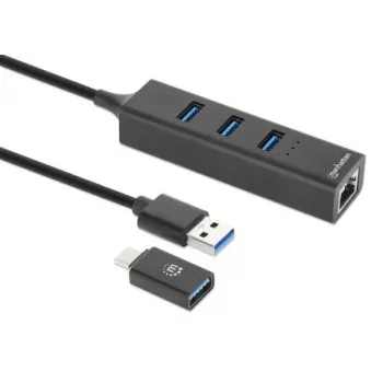 Manhattan dock/hub combo USB-C e USB-A, porte (4): Ethernet e USB-A (x3), 5 Gbit/s (USB 3.2 Gen 1, noto anche come USB 3.0), alimentato via USB (nessun alimentatore esterno necessario)