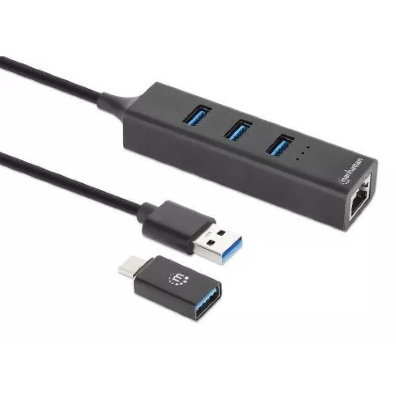 Manhattan dock/hub combo USB-C e USB-A, porte (4): Ethernet e USB-A (x3), 5 Gbit/s (USB 3.2 Gen 1, noto anche come USB 3.0), alimentato via USB (nessun alimentatore esterno necessario)