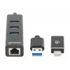 Manhattan dock/hub combo USB-C e USB-A, porte (4): Ethernet e USB-A (x3), 5 Gbit/s (USB 3.2 Gen 1, noto anche come USB 3.0), alimentato via USB (nessun alimentatore esterno necessario)