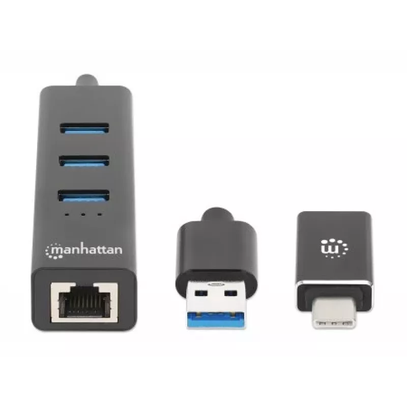 Manhattan dock/hub combo USB-C e USB-A, porte (4): Ethernet e USB-A (x3), 5 Gbit/s (USB 3.2 Gen 1, noto anche come USB 3.0), alimentato via USB (nessun alimentatore esterno necessario)