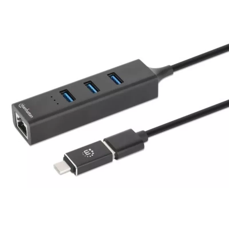Manhattan dock/hub combo USB-C e USB-A, porte (4): Ethernet e USB-A (x3), 5 Gbit/s (USB 3.2 Gen 1, noto anche come USB 3.0), alimentato via USB (nessun alimentatore esterno necessario)