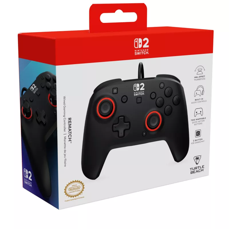 Controller da gaming con filo Turtle Beach Rematch per Nintendo Switch 2 – USB-C, cavo 3 m, tasto indietro, D-pad, nero